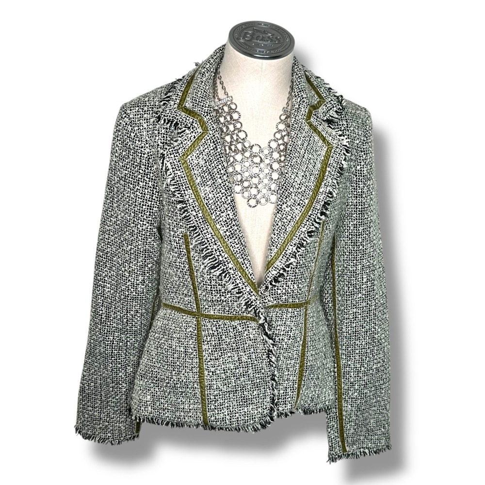 True Meaning Tweed Jacket Blazer Fringed Trim Black White Olive Size 6